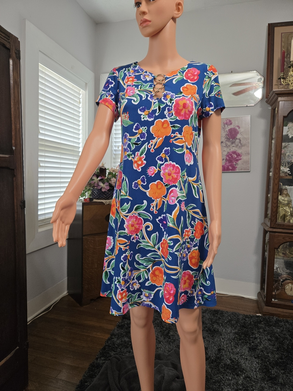 MSK Navy Floral Lace-Up Short Sleeve Dress with Bright Blooms